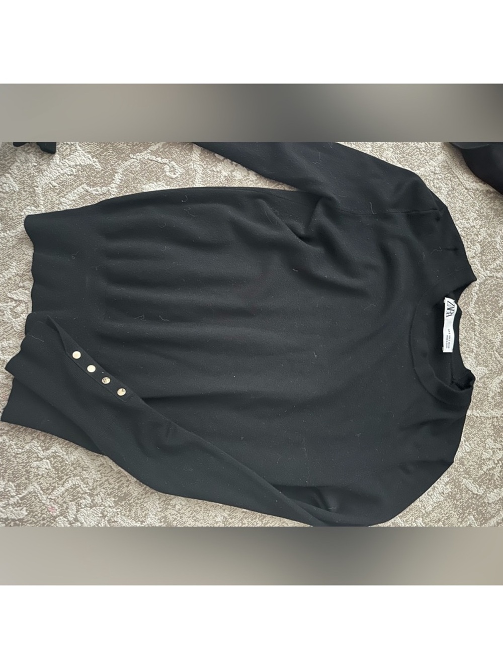 Zara Black Crewneck Sweater with Gold Button Cuff Detail